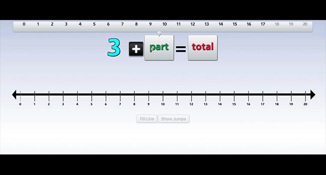 Animation showing the actual use of the number line tool, demonstrating 3+2=5 as an equation and animated number line